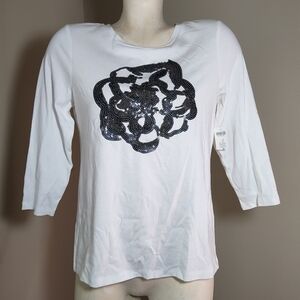 Chico's White Black Sequined Floral T-Shirt Top 0 XS NEW